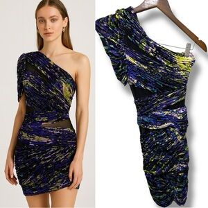 253 BCBGMAXAZRIA Runway |NWOT Purple One Shoulder Mesh Ruched Mini Dress (Sz XS)